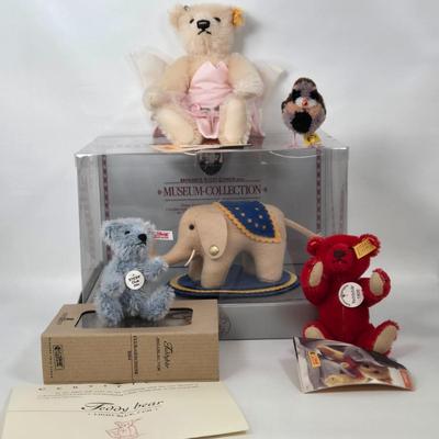LOT 80: Steiff Replica of 1880 Felt Elephant, Fairy Bear, Wool Pompom Bird, Red Bear, and Steiff Cub Teddy Bear in it's Original Box
