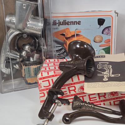 LOT 82: Two Jupiter Meat Grinders and Moulinex Hand-Cranked Food Slicer