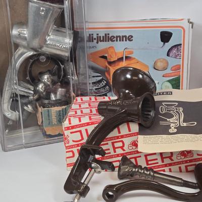 LOT 82: Two Jupiter Meat Grinders and Moulinex Hand-Cranked Food Slicer
