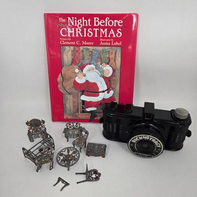 LOT 86: Vintage Dick Tracy Novelty Camera, The Night Before Christmas Book, and Metal Doll House Furniture