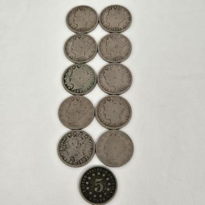 LOT 106: Ten Liberty V Nickels and 1882 Shield Nickel