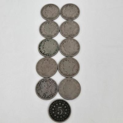 LOT 106: Ten Liberty V Nickels and 1882 Shield Nickel