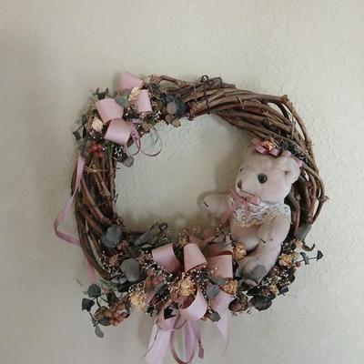 Rustic Wall Decor Lot – Dried Floral Window Mirror & Teddy Bear Grapevine Wreath and faux bouquet of flowers for color!