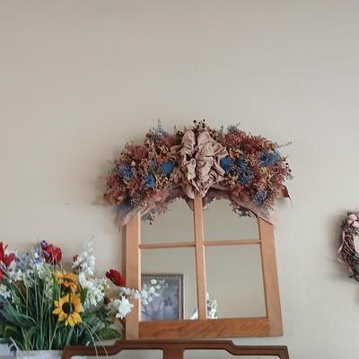 Rustic Wall Decor Lot – Dried Floral Window Mirror & Teddy Bear Grapevine Wreath and faux bouquet of flowers for color!