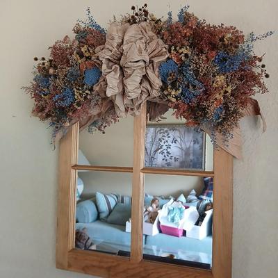 Rustic Wall Decor Lot – Dried Floral Window Mirror & Teddy Bear Grapevine Wreath and faux bouquet of flowers for color!