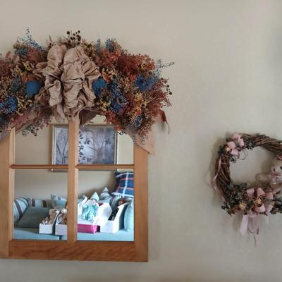 Rustic Wall Decor Lot – Dried Floral Window Mirror & Teddy Bear Grapevine Wreath and faux bouquet of flowers for color!