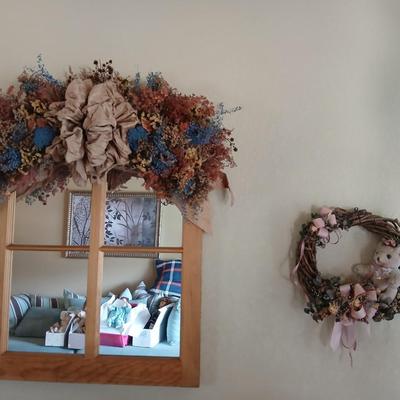 Rustic Wall Decor Lot – Dried Floral Window Mirror & Teddy Bear Grapevine Wreath and faux bouquet of flowers for color!