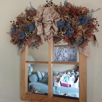 Rustic Wall Decor Lot – Dried Floral Window Mirror & Teddy Bear Grapevine Wreath and faux bouquet of flowers for color!