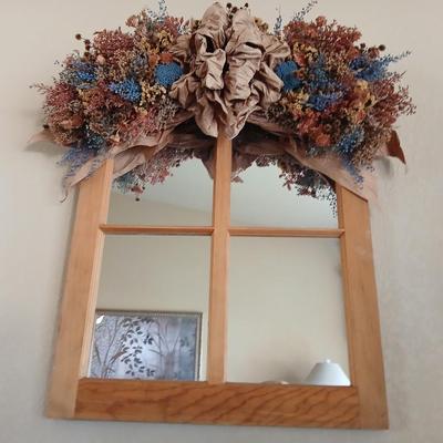 Rustic Wall Decor Lot – Dried Floral Window Mirror & Teddy Bear Grapevine Wreath and faux bouquet of flowers for color!