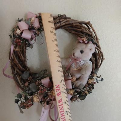 Rustic Wall Decor Lot – Dried Floral Window Mirror & Teddy Bear Grapevine Wreath and faux bouquet of flowers for color!