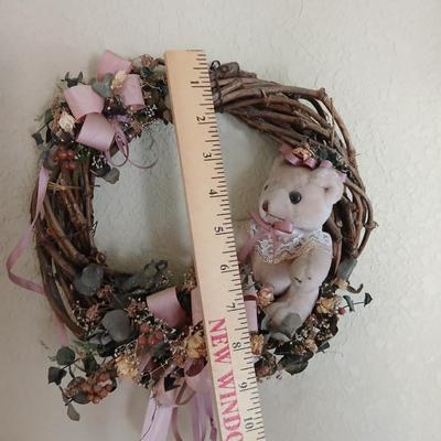 Rustic Wall Decor Lot – Dried Floral Window Mirror & Teddy Bear Grapevine Wreath and faux bouquet of flowers for color!