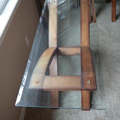 Modern Glass-Top Accent / Sofa Table with Sculptural Wood Base