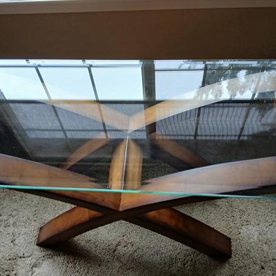 Modern Glass-Top Accent / Sofa Table with Sculptural Wood Base