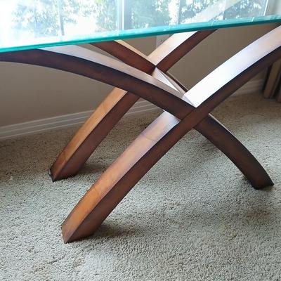 Modern Glass-Top Accent / Sofa Table with Sculptural Wood Base