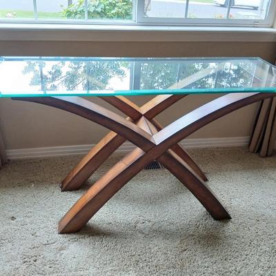 Modern Glass-Top Accent / Sofa Table with Sculptural Wood Base
