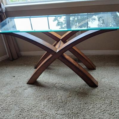 Modern Glass-Top Accent / Sofa Table with Sculptural Wood Base