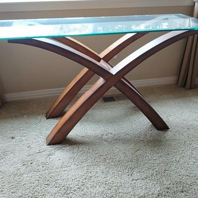 Modern Glass-Top Accent / Sofa Table with Sculptural Wood Base