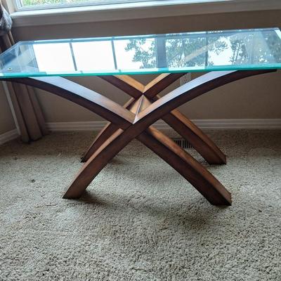 Modern Glass-Top Accent / Sofa Table with Sculptural Wood Base
