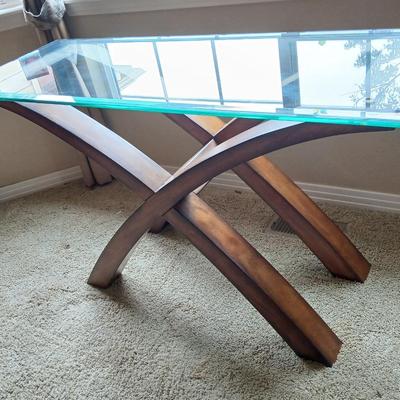 Modern Glass-Top Accent / Sofa Table with Sculptural Wood Base
