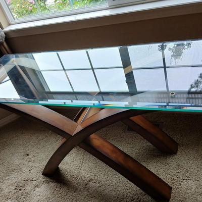 Modern Glass-Top Accent / Sofa Table with Sculptural Wood Base