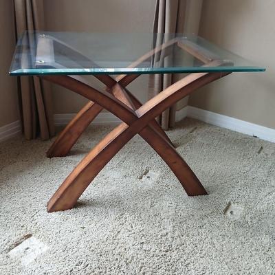 Modern Glass-Top End Table with Sculptural Wood Base (1 of 2)