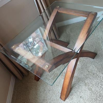 Modern Glass-Top End Table with Sculptural Wood Base (1 of 2)