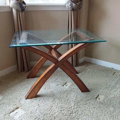 Modern Glass-Top End Table with Sculptural Wood Base (1 of 2)