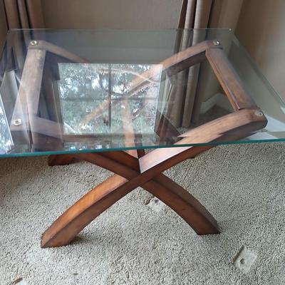 Modern Glass-Top End Table with Sculptural Wood Base (1 of 2)