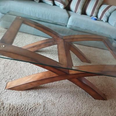 Modern = Glass-Top Coffee Table with Sculptural Wood Base