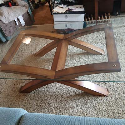 Modern = Glass-Top Coffee Table with Sculptural Wood Base