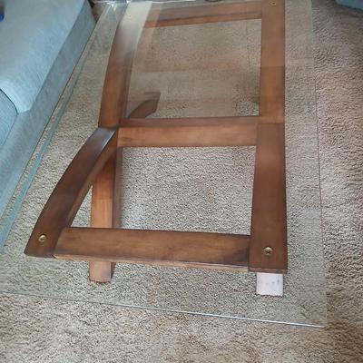 Modern = Glass-Top Coffee Table with Sculptural Wood Base