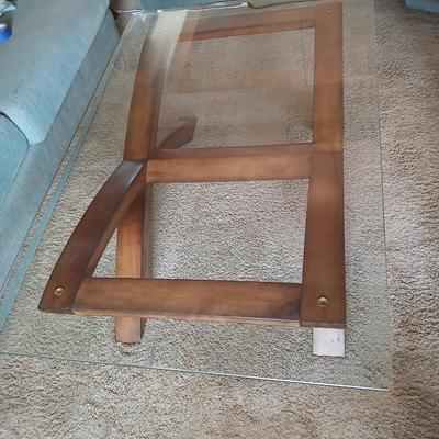 Modern = Glass-Top Coffee Table with Sculptural Wood Base