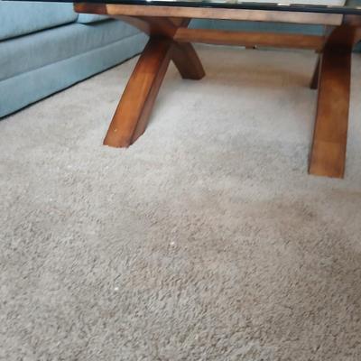 Modern = Glass-Top Coffee Table with Sculptural Wood Base
