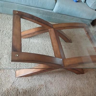 Modern = Glass-Top Coffee Table with Sculptural Wood Base