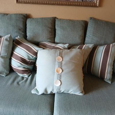 Teal Upholstered Sofa with Accent Pillows