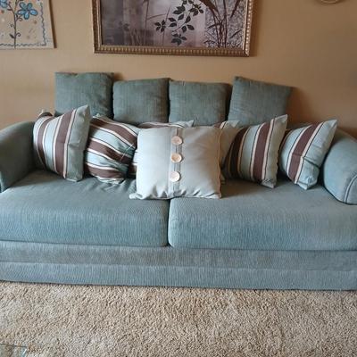 Teal Upholstered Sofa with Accent Pillows