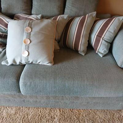 Teal Upholstered Sofa with Accent Pillows