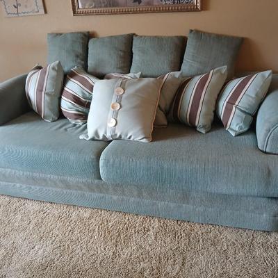 Teal Upholstered Sofa with Accent Pillows