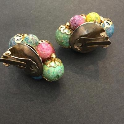 Vintage multicolored bead clip on earrings