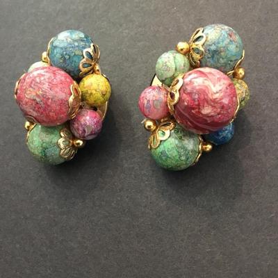 Vintage multicolored bead clip on earrings