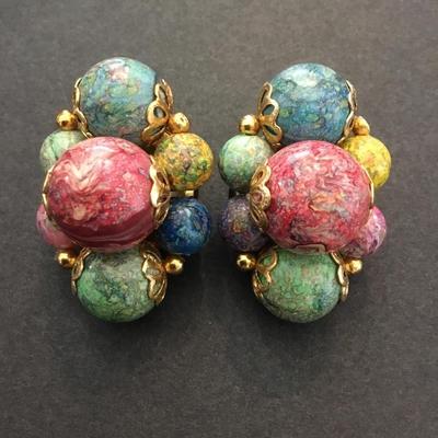 Vintage multicolored bead clip on earrings