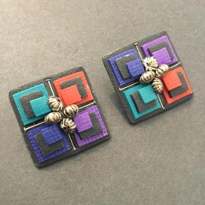 Cool vintage Square multicolored large clip on earrings