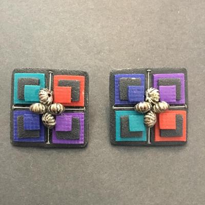 Cool vintage Square multicolored large clip on earrings