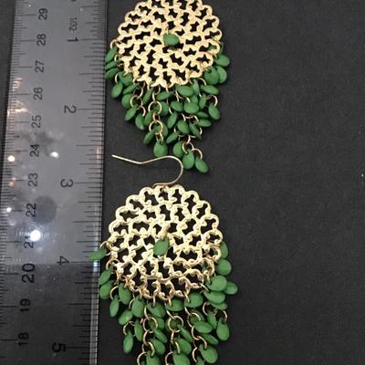 Gold tone green beaded statement earrings