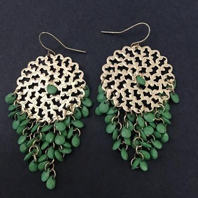 Gold tone green beaded statement earrings