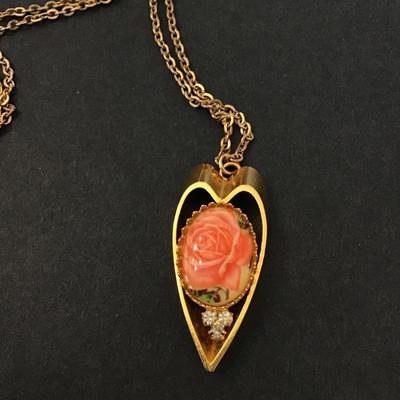 Vintage gold tone transfer rose necklace with clear stones