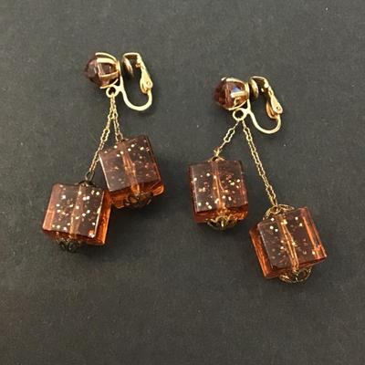 Lucite cube clip on dangle earrings 60’s