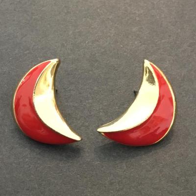 Vintage gold tones, ready enamel, half moon shaped earrings