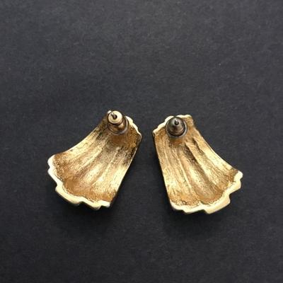 Vintage, gold, toned, seafoam, green enamel earrings