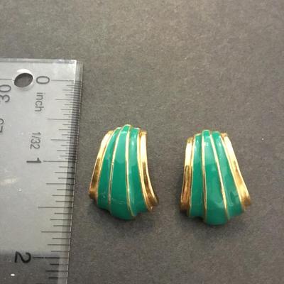 Vintage, gold, toned, seafoam, green enamel earrings